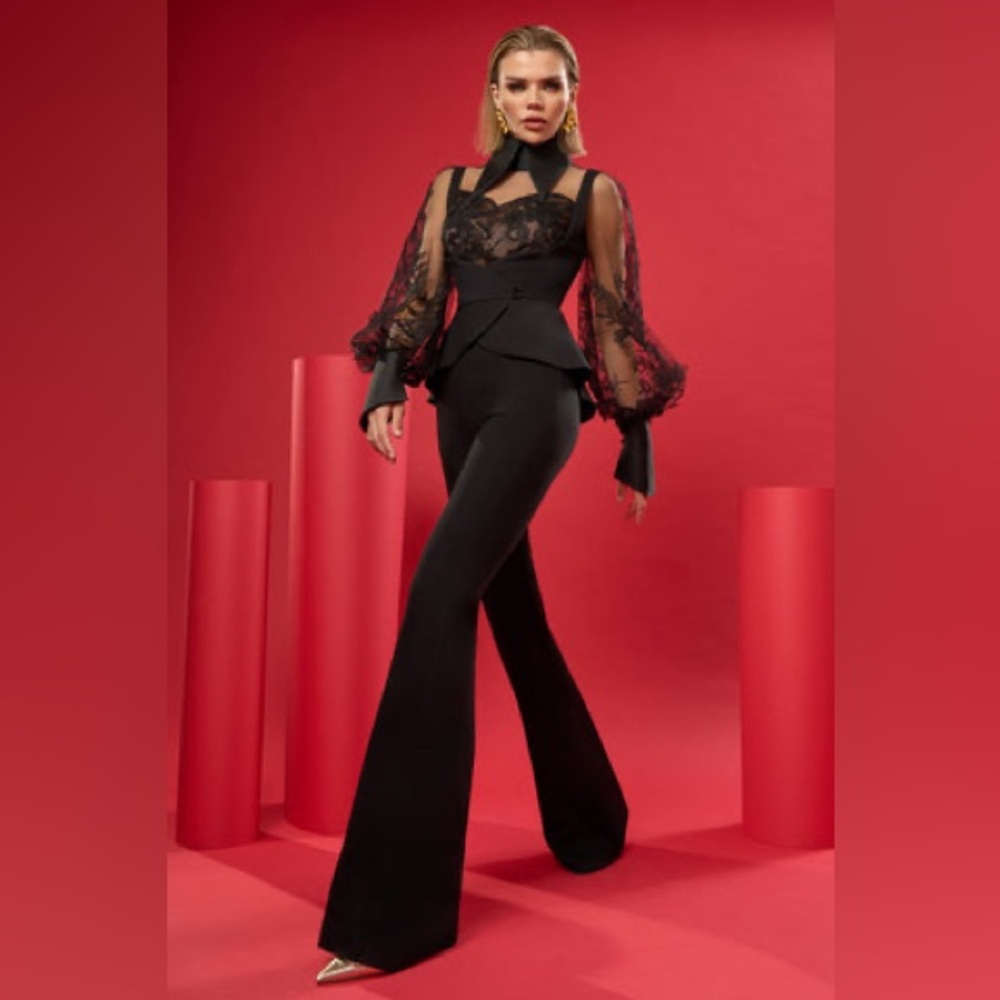 High-Waist Black Flare Pants with Peplum Detail